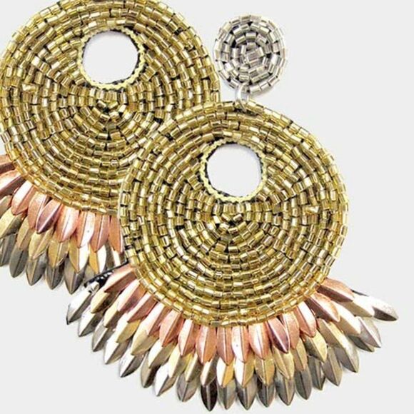 Round Metal Fringe Seed Bead Dangle Earrings - Picture 2 of 6